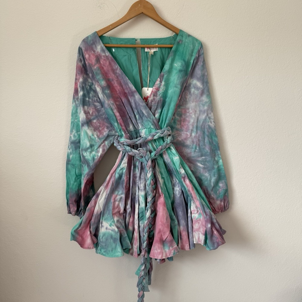 L'ATISTE BY AMY Blue Skies L TIE DYE Babydoll Surplice Skater Skirt Dress BELT